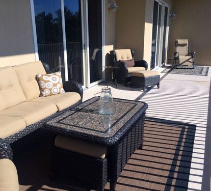 Large balcony that overlooks Big Redfish lake. Master & Living Room accessible.