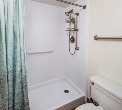 Master walk in shower with safety bars
