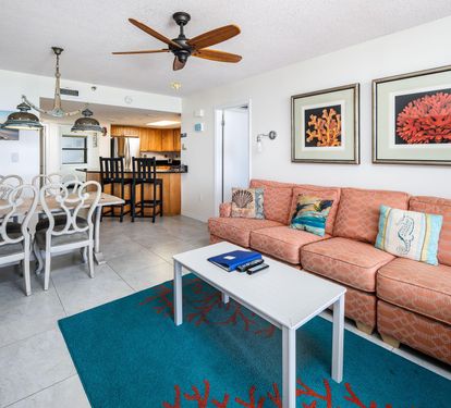 Open living room/dining area and bar stools