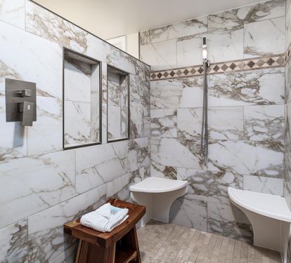 Master full walk in shower with deating and safety bars